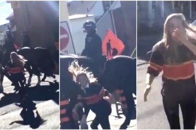 Dziewczyna podbiega i uderza od tyłu policyjnego konia! Reakcja zwierzęcia jest dla niej bardzo bolesna! 