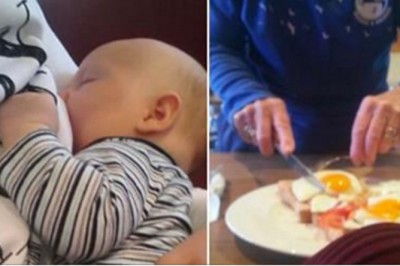 Mama karmi maluszka piersią w restauracji! Nagle podchodzi starsza kobieta i zaczyna kroić jej jedzenie!