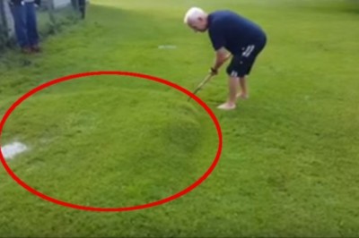 W swoim ogrodzie pod trawnikiem odkrył wielką bańkę! Zdecydował się czymś ją przebić!