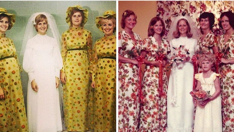 Te suknie dla druhen w stylu vintage były naprawdę krzykiem mody! Dziś nikt by tego na siebie nie ubrał! 