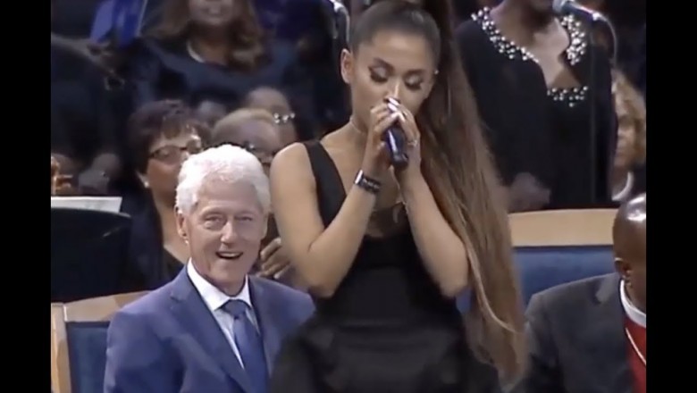 Bill Clinton i jego bezcenna mina na widok Ariany Grande podczas pogrzebu Arethy Franklin