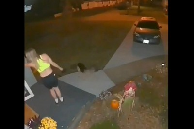 Pies wyprowadza blondynę na spacer. Chyba mu się bardzo chciało :D