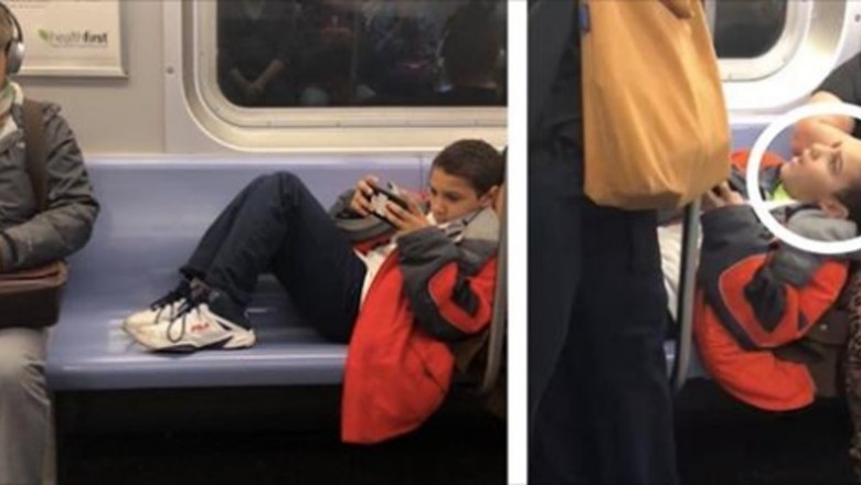 Chłopak nie chce zdjąć nóg z siedzeń w metrze, więc pasażer postanowił usiąść na nim. Reakcja dzieciaka bezcenna