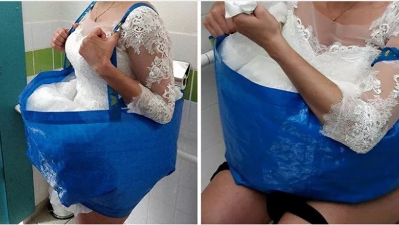Panna młoda wykorzystała torbę z IKEI aby móc skorzystać z toalety w dniu ślubu. Ten pomysł stał się hitem