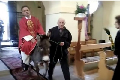 Ksiądz na osiołku wjeżdża do kościoła w trakcie mszy. Internauci byli oburzeni