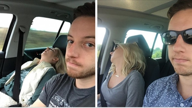 Mąż zawsze robił fotkę żonie gdy ta zasypiała w ich aucie podczas podróży. Jej miny są genialne