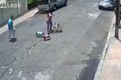 Chamskie zachowanie typa z psami. Popchnął kobietę na ziemię