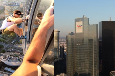 Polacy nagrali jak wspinają się na wieżowiec Total Tour we Francji 