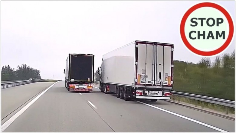 Spychanie i zajeżdżanie drogi, czyli wyścig ciężarówek na autostradzie 