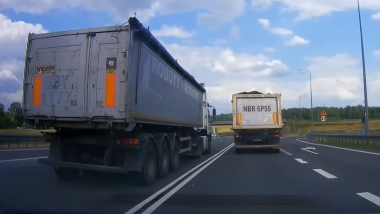 Pirat drogowy w ciężarówce wyprzedza na czołówkę - nagranie