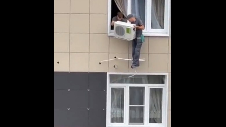 Hardcorowy Andrzej i jego montaż klimy za oknem w bloku