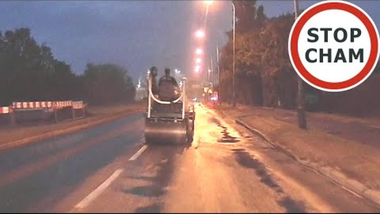 Pijany 21-latek ukradł walec drogowy i szalał nim po Poznaniu. Nagranie z wideorejestratora